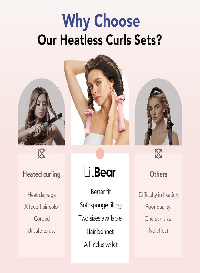 LitBear Heatless Curls Overnight, 2 Sizes of Soft Hair Rollers for Women with Bonnet to Sleep In, No Heat Hair Curlers Set with Scrunchies and Clips, for Long and Medium Hair (Pink) - Image 4