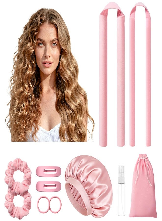 LitBear Heatless Curls Overnight, 2 Sizes of Soft Hair Rollers for Women with Bonnet to Sleep In, No Heat Hair Curlers Set with Scrunchies and Clips, for Long and Medium Hair (Pink) - Image 1