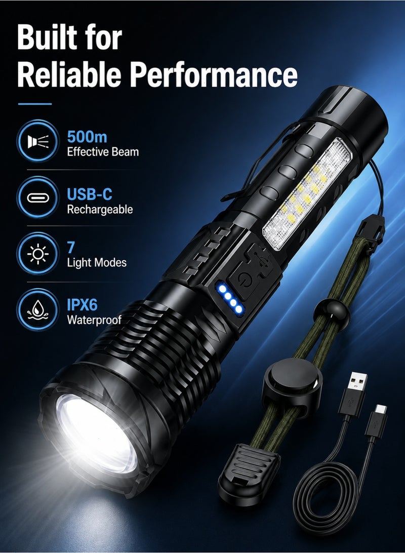 مصباح يدوي قابل لإعادة الشحن بتقنية LED، مصباح يدوي USB-C مزود بـ 7 أوضاع، إضاءة جانبية بتقنية COB، مؤشر مستوى البطارية، مصباح يدوي مقاوم للماء بمعيار IPX6 وقابل للتكبير/التصغير، مخصص للتخييم في الهواء الطلق - Image 3