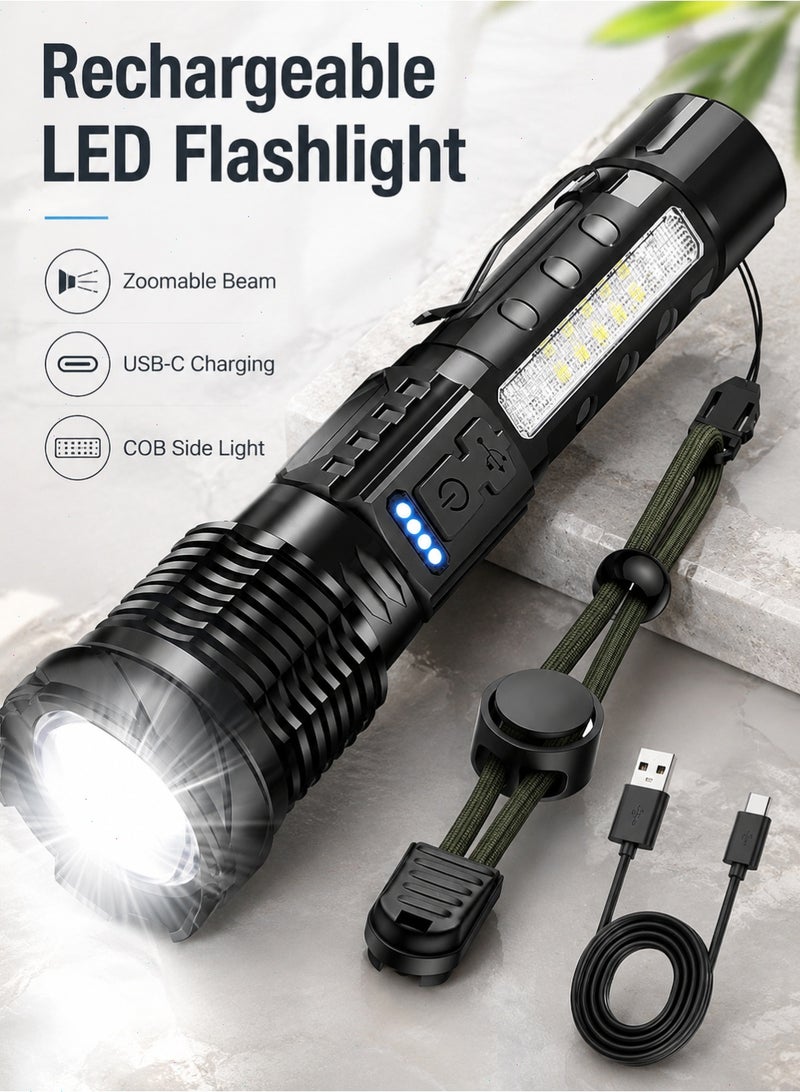 مصباح يدوي قابل لإعادة الشحن بتقنية LED، مصباح يدوي USB-C مزود بـ 7 أوضاع، إضاءة جانبية بتقنية COB، مؤشر مستوى البطارية، مصباح يدوي مقاوم للماء بمعيار IPX6 وقابل للتكبير/التصغير، مخصص للتخييم في الهواء الطلق - Image 1