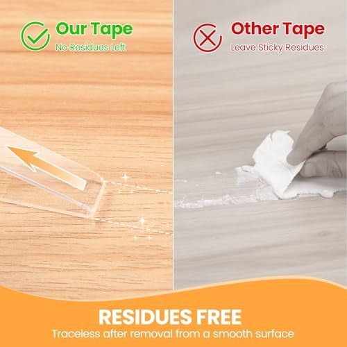 Beyotool Double Sided Tape Heavy Duty, Double Sided Nano Mounting Tape (160 INCH), Clear Two Sided Adhesive Tape, Removable Picture Hanging Wall Tape Strips, Carpet Decor Poster Tape for Home Office Outdoor - Image 4