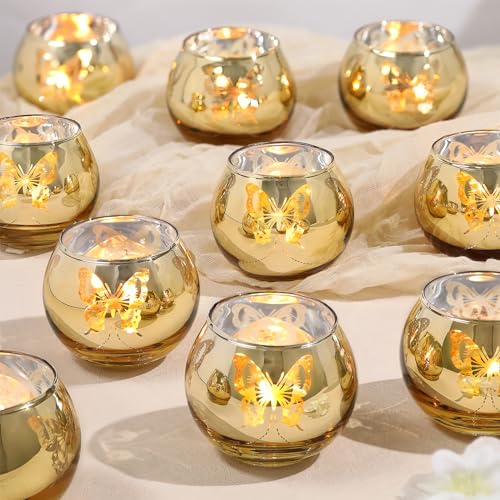 Lanttu Gold Votive Candle Holders Set, 12 PCS Tea Lights Candle Holder Decorative Bulk with Butterfly Pattern, Candle Holders for Wedding, Birthday, Anniversary, Parties, and Holiday Decorations - Image 1