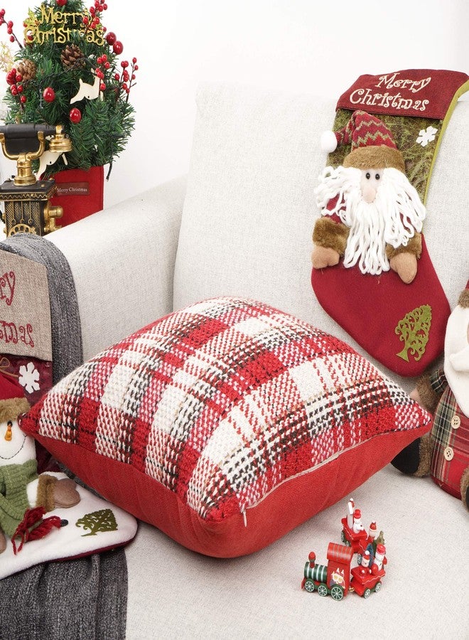 YOUR SMILE Christmas Series Knitting Wool Retro Farmhouse Buffalo Tartan Chequer Stripe Plaid Cotton Linen Decorative Throw Pillow Case Cushion Cover Pillowcase for Sofa Indoor (Red, 18''x18'') - Image 3