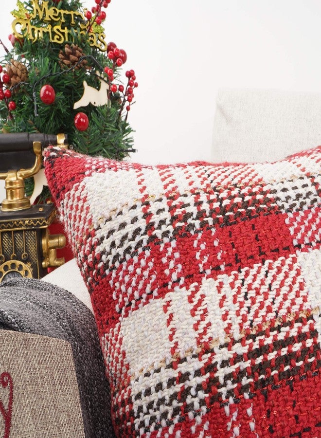 YOUR SMILE Christmas Series Knitting Wool Retro Farmhouse Buffalo Tartan Chequer Stripe Plaid Cotton Linen Decorative Throw Pillow Case Cushion Cover Pillowcase for Sofa Indoor (Red, 18''x18'') - Image 4