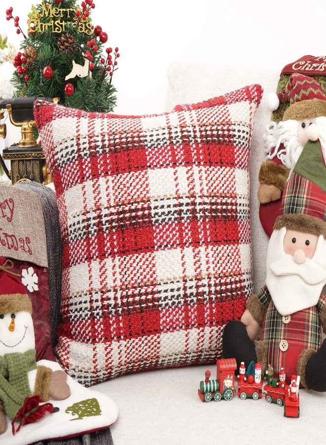 YOUR SMILE Christmas Series Knitting Wool Retro Farmhouse Buffalo Tartan Chequer Stripe Plaid Cotton Linen Decorative Throw Pillow Case Cushion Cover Pillowcase for Sofa Indoor (Red, 18''x18'') - Image 2