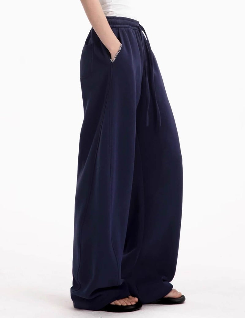 FACDIBY Women's Fleece Lined Barrel Sweatpants Baggy Casual Wide Leg Pants Drawstring Athletic High Waisted Lounge Sweats with Pockets Navy Blue S - Image 4