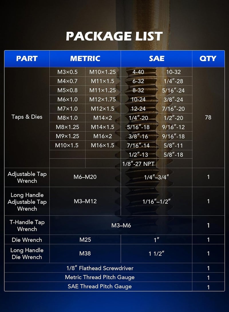 LOOPITYS Tap and Die Set in SAE and Metric 86pcs , Dental thread repair tap wrench,Titanium Coated Steel Tap Set and Die Tool Set for Homeowners Mechanics and Craftsmen Metric and Standard Internal and External Threading ﻿ - Image 3