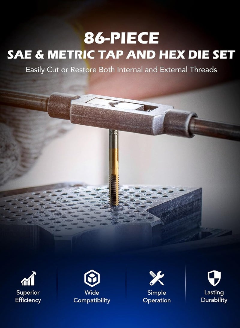 LOOPITYS Tap and Die Set in SAE and Metric 86pcs , Dental thread repair tap wrench,Titanium Coated Steel Tap Set and Die Tool Set for Homeowners Mechanics and Craftsmen Metric and Standard Internal and External Threading ﻿ - Image 2