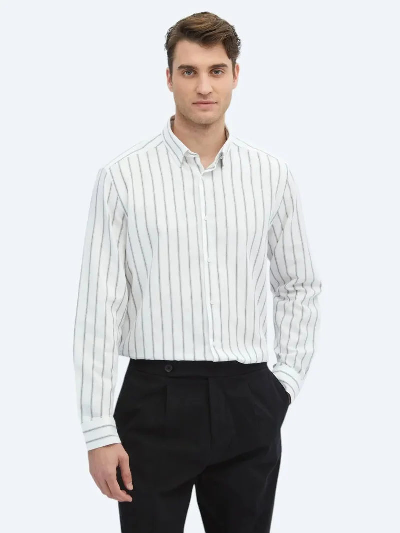 Kip White Striped Regular Fit Weaving Casual 100% Cotton Shirt