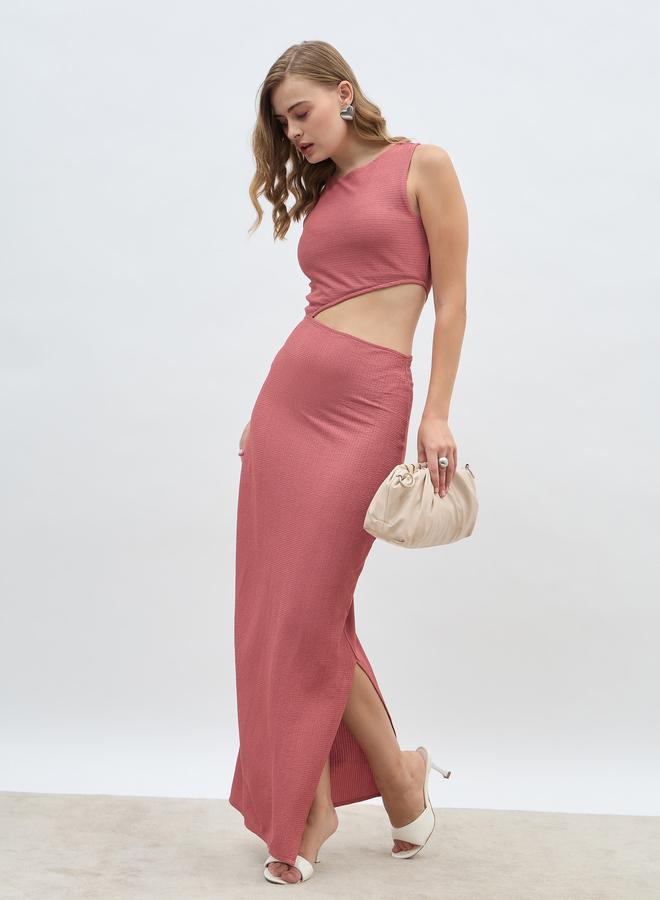 Styli Women Rust Textured Cut Out Waist Sheath Maxi Dress with Side Slit - Image 1