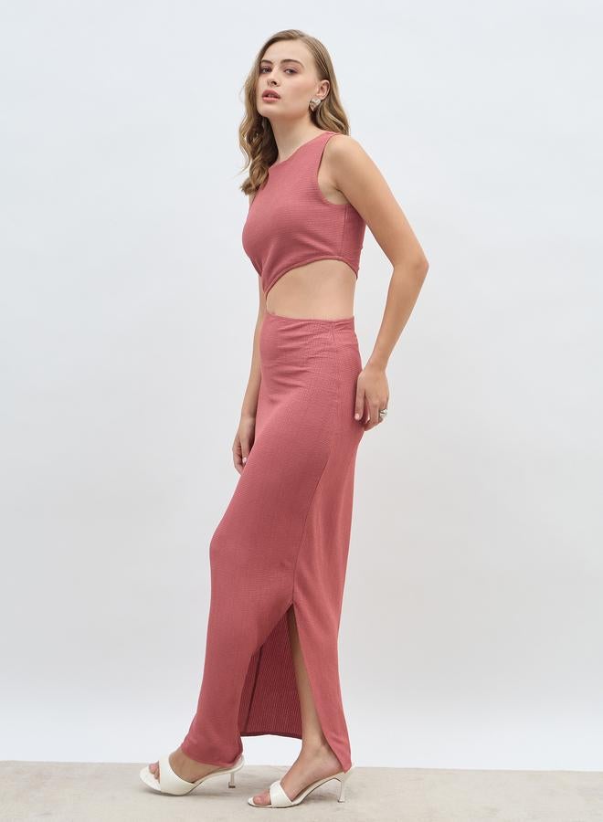 Styli Women Rust Textured Cut Out Waist Sheath Maxi Dress with Side Slit - Image 3