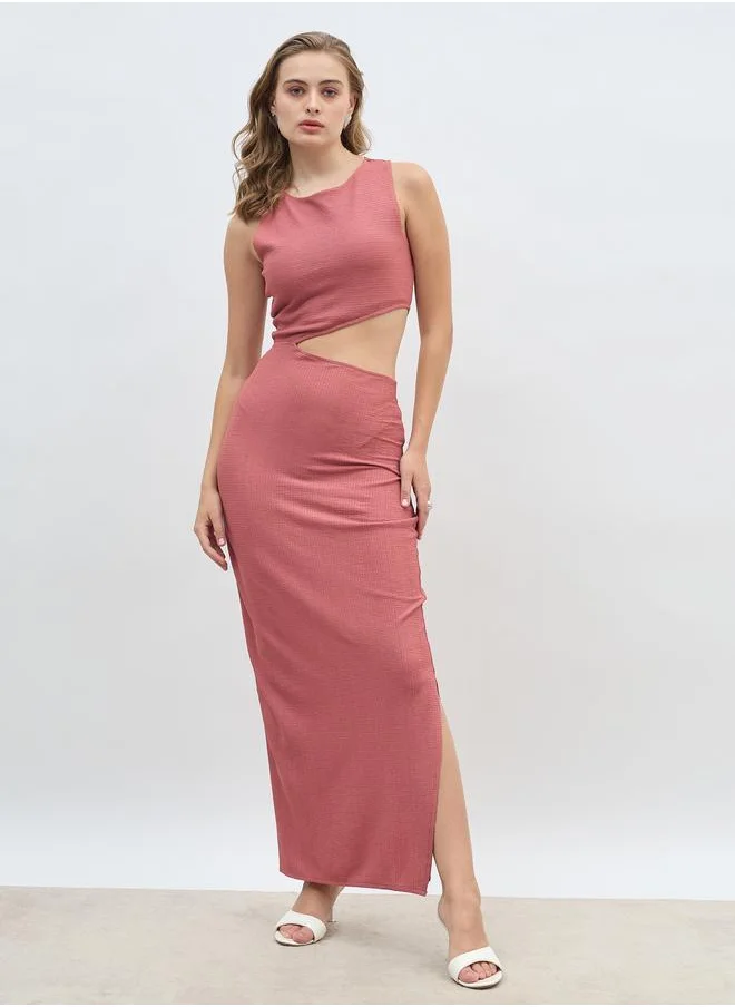 Styli Styli Women Rust Textured Cut Out Waist Sheath Maxi Dress with Side Slit