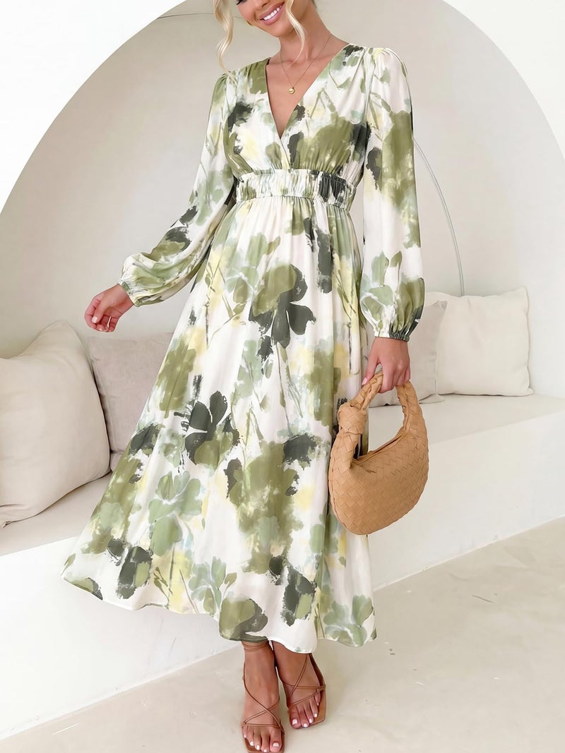 Maxigerui Women's Long Sleeve Floral Maxi Dress 2026 Spring Summer Wedding Guest Dress Green Print XL - Image 3