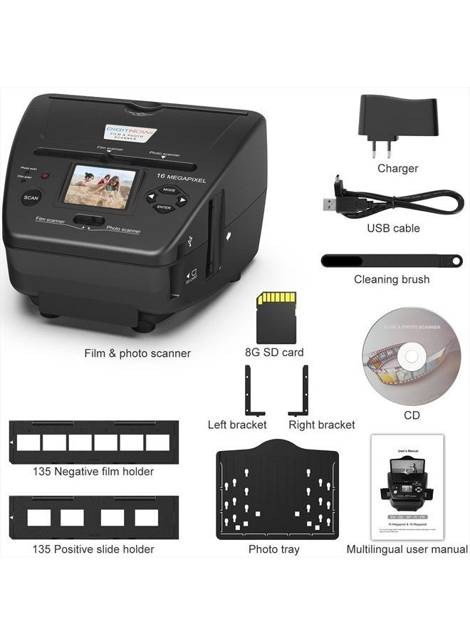DIGITNOW - Film & Photo Scanner,4-in-1 Film Scanner, with 2.4" LCD Screen Converts 35mm/135 Slides & Negatives Film, Photo, Business Card for Saving to 16MP Digital Images,8GB Memory Card Included - Image 1