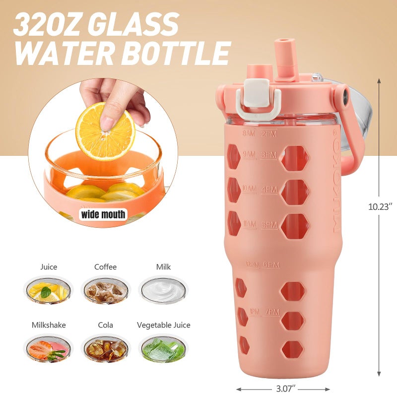 MUKOKO 32 oz Glass Tumbler with Straw,Glass Water Bottles with Time Marker,Iced Coffee Cup with Silicone Sleeve,Motivational Drinking Bottles,Leakproof-Coral Pink - Image 3