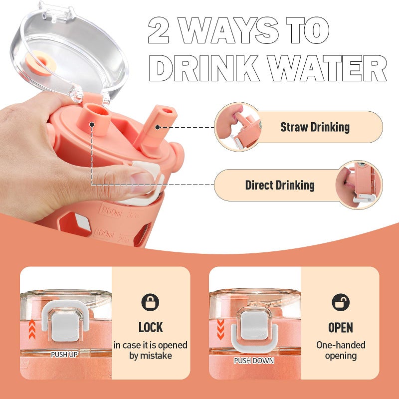 MUKOKO 32 oz Glass Tumbler with Straw,Glass Water Bottles with Time Marker,Iced Coffee Cup with Silicone Sleeve,Motivational Drinking Bottles,Leakproof-Coral Pink - Image 2