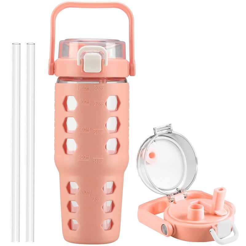 MUKOKO 32 oz Glass Tumbler with Straw,Glass Water Bottles with Time Marker,Iced Coffee Cup with Silicone Sleeve,Motivational Drinking Bottles,Leakproof-Coral Pink - Image 1
