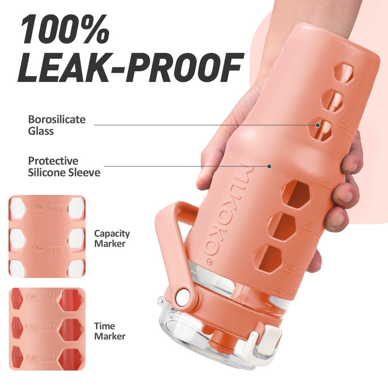 MUKOKO 32 oz Glass Tumbler with Straw,Glass Water Bottles with Time Marker,Iced Coffee Cup with Silicone Sleeve,Motivational Drinking Bottles,Leakproof-Coral Pink - Image 4
