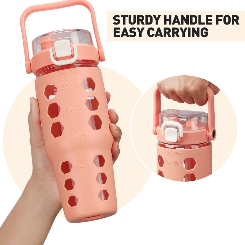 MUKOKO 32 oz Glass Tumbler with Straw,Glass Water Bottles with Time Marker,Iced Coffee Cup with Silicone Sleeve,Motivational Drinking Bottles,Leakproof-Coral Pink - Image 5