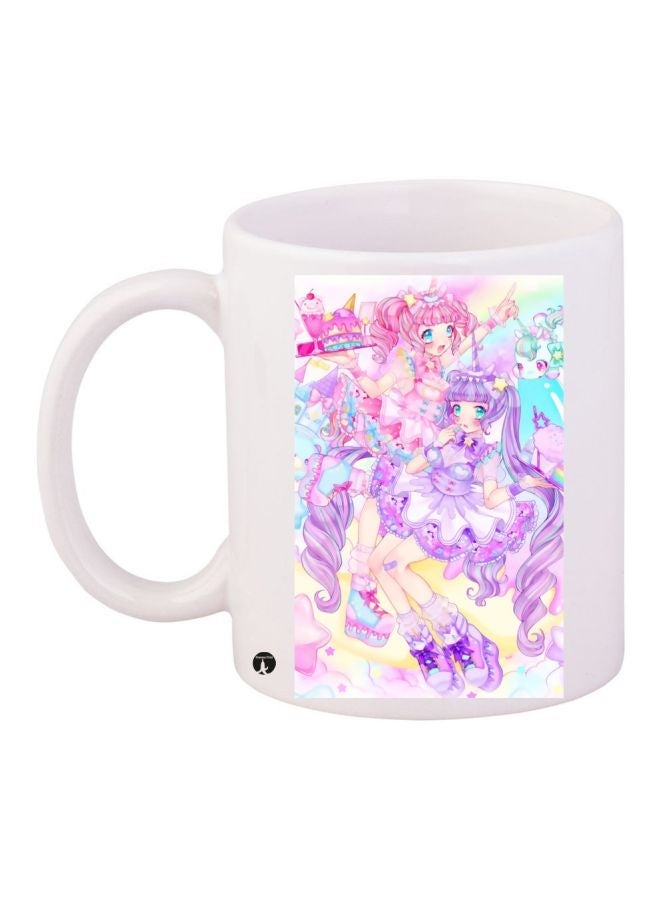 Cartoon Girl Printed Coffee Mug White/Pink/Yellow 11ounce