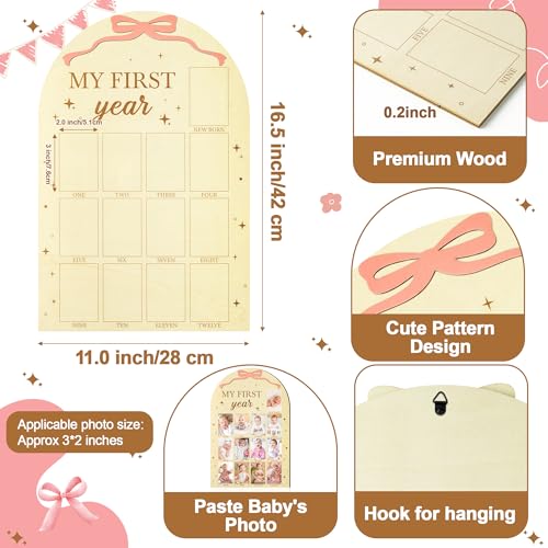 R HORSE My First Year Photo Frame Board Fits 2 x 3 Inch Photo 3D Pink Bow Display Wood Board Babys First Year 12 Months Milestone Sign 1st Birthday Frame Nursery Decor Keepsake Gift for Boy Girl - Image 3