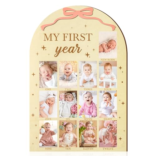 R HORSE My First Year Photo Frame Board Fits 2 x 3 Inch Photo 3D Pink Bow Display Wood Board Babys First Year 12 Months Milestone Sign 1st Birthday Frame Nursery Decor Keepsake Gift for Boy Girl - Image 1