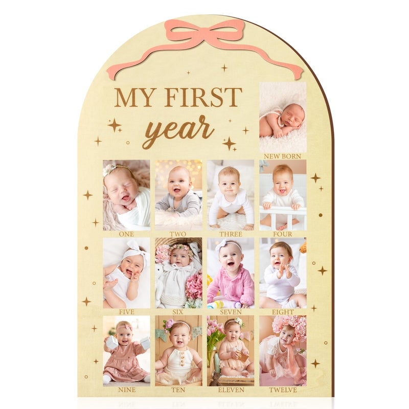 R HORSE My First Year Photo Frame Board Fits 2 x 3 Inch Photo 3D Pink Bow Display Wood Board Babys First Year 12 Months Milestone Sign 1st Birthday Frame Nursery Decor Keepsake Gift for Boy Girl - Image 2