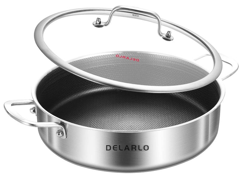 DELARLO Tri-Ply Stainless Steel 10 Inch Deep Frying Pan 3QT Saute Pan With Lid, Induction Compatible Chef Cooking Pan with lid, Dishwasher & Oven Safe - Image 1