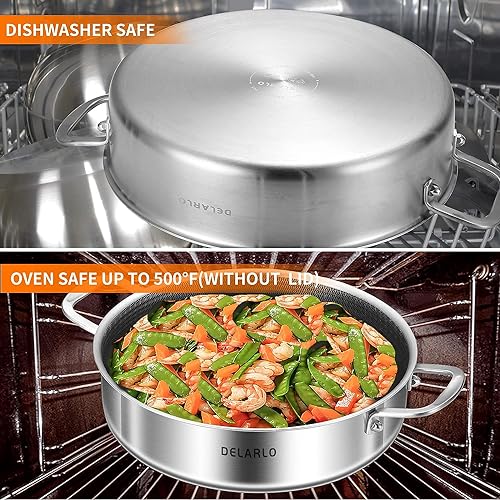 DELARLO Tri-Ply Stainless Steel 10 Inch Deep Frying Pan 3QT Saute Pan With Lid, Induction Compatible Chef Cooking Pan with lid, Dishwasher & Oven Safe - Image 5