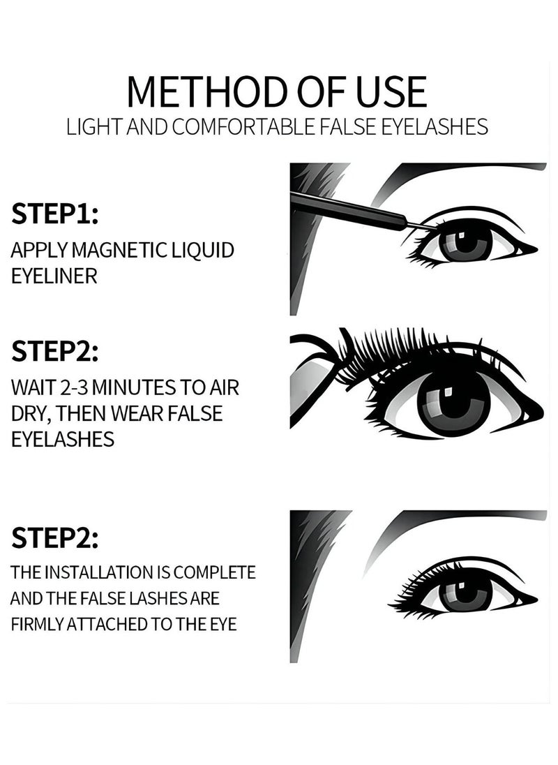 Ten pairs of black magnetic false eyelashes set with 3D false eyelash tweezers and 10ml magnetic liquid eyeliner, makeup tools for eyelash extensions and eye decoration set