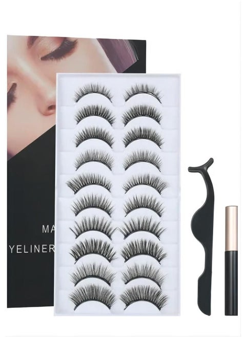 Ten pairs of black magnetic false eyelashes set with 3D false eyelash tweezers and 10ml magnetic liquid eyeliner, makeup tools for eyelash extensions and eye decoration set