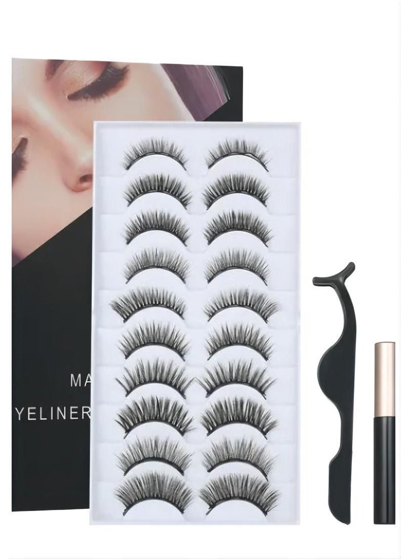 Ten pairs of black magnetic false eyelashes set with 3D false eyelash tweezers and 10ml magnetic liquid eyeliner, makeup tools for eyelash extensions and eye decoration set