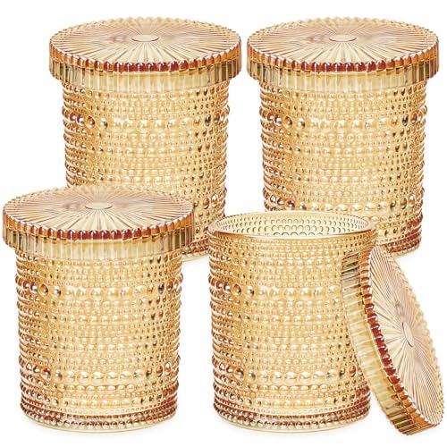 Flrolove 4-Pack Glass Qtip Holder Dispenser, 10oz Bathroom Organizers and Storage, Hobnail Cotton Round Holder for Qtips, Cotton Rounds, Balls & Floss Picks, Vanity & Makeup Apothecary Jars (Amber) - Image 1