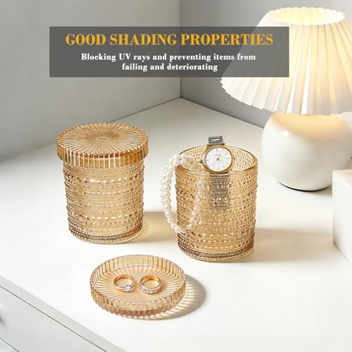 Flrolove 4-Pack Glass Qtip Holder Dispenser, 10oz Bathroom Organizers and Storage, Hobnail Cotton Round Holder for Qtips, Cotton Rounds, Balls & Floss Picks, Vanity & Makeup Apothecary Jars (Amber) - Image 4