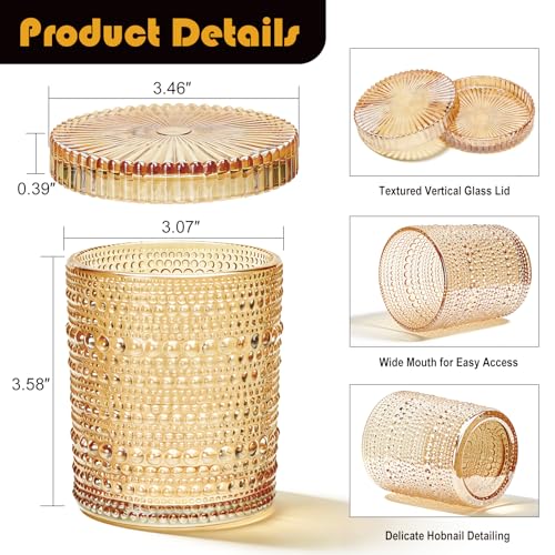 Flrolove 4-Pack Glass Qtip Holder Dispenser, 10oz Bathroom Organizers and Storage, Hobnail Cotton Round Holder for Qtips, Cotton Rounds, Balls & Floss Picks, Vanity & Makeup Apothecary Jars (Amber) - Image 3
