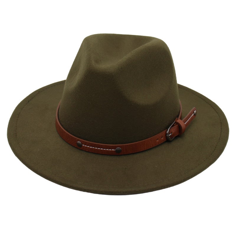 Retro Wool Fedora Hat Wide Brim Unisex Army Green [flat eaves D2 nails]] 