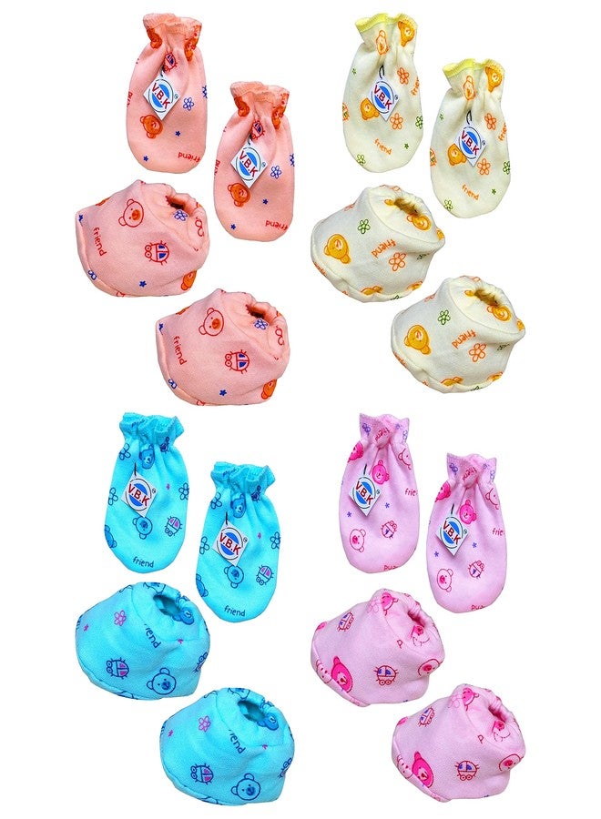 V.B.K® Baby Boys and Baby Girls Mittens and Booties Combo Set With 4 Pair Hand Mittens (Gloves) and 4 Pair Of Leg Booties (Socks), 0 to 4 Months, Pure Organic Hosiery Cotton Soft Fabric - Image 1