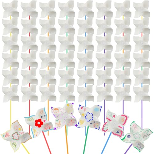 Poen 100 Pcs DIY Pinwheels Paper Craft Bulk Color Your Own White Pinwheels Summer Activity Arts July 4 Patriotic Memorial Day Craft Blank Windmills Party Favor Supplies 5 Inches - Image 1