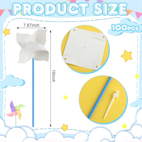 Poen 100 Pcs DIY Pinwheels Paper Craft Bulk Color Your Own White Pinwheels Summer Activity Arts July 4 Patriotic Memorial Day Craft Blank Windmills Party Favor Supplies 5 Inches - Image 5