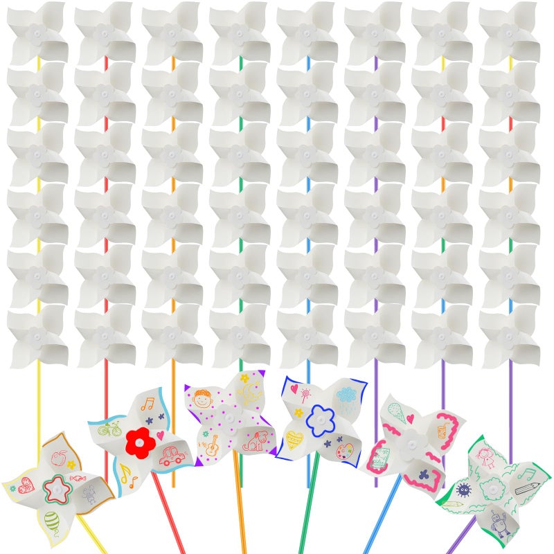 Poen 100 Pcs DIY Pinwheels Paper Craft Bulk Color Your Own White Pinwheels Summer Activity Arts July 4 Patriotic Memorial Day Craft Blank Windmills Party Favor Supplies 5 Inches - Image 3