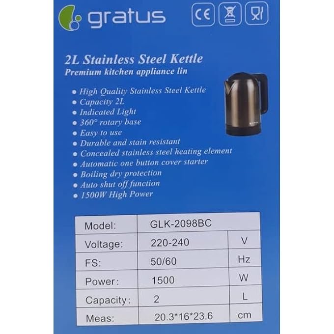 gratus Electric Copper Coated StainlessSteel Kettle 2L 360Degree Cordless Power Base Model Glk2098Bc - Image 4