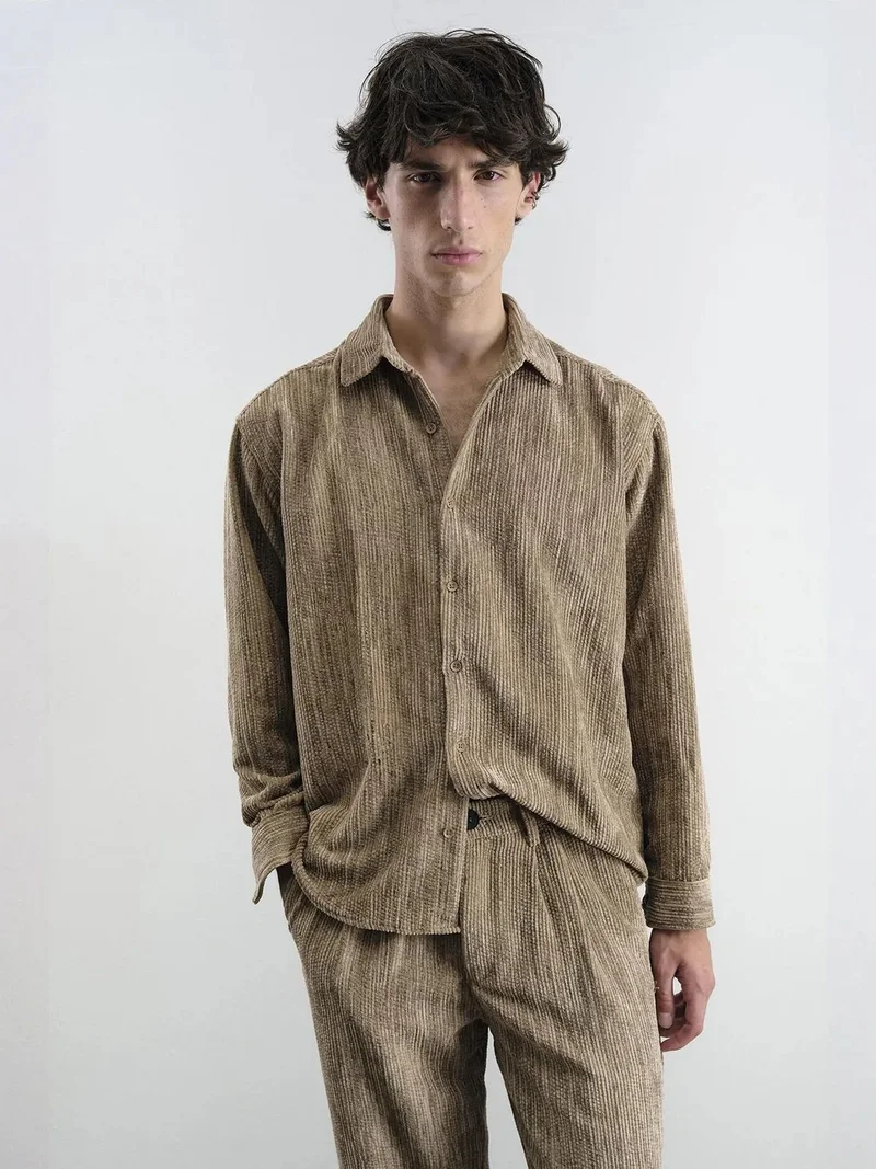 Giesto Beaver Brown GIESTO Relaxed Fit Velvet Shirt for Men | Best Price UAE