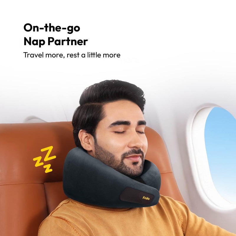 Frido وسادة عنق سفر، 100% فوم هاي-بير، وسادة دعم عنق خفيفة الوزن، وسادة عنق للسفر بالطائرة، فوم ميموري، أحزمة فيلكرو قابلة للتعديل، حقيبة سفر مجانية (أسود أساسي) - Image 4
