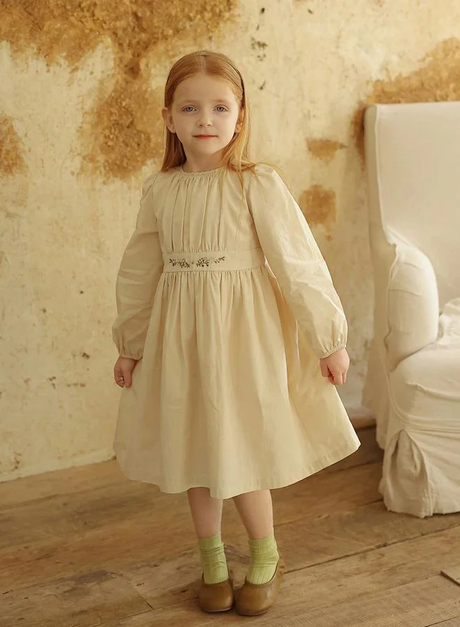 Take Two Girls Beige Floral Embroidered Long Sleeve Dress