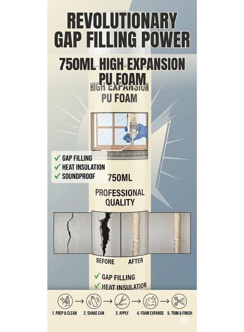 750ml PU Foam Expanding Spray – High Expansion Polyurethane Insulation Foam for Gap Filling, Window & Door Sealing, Heat & Soundproof Construction Foam – Easy Application UAE - Image 2