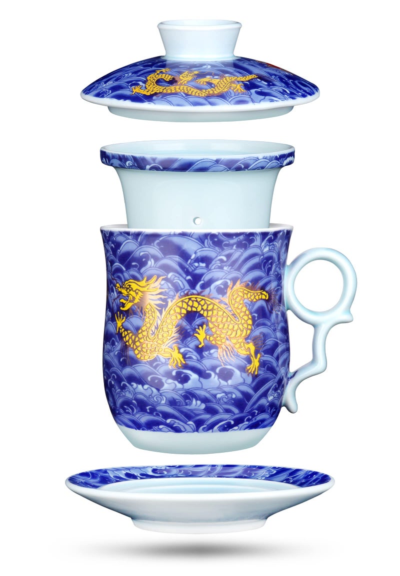 YURROAD Chinese Dragon Pattern Tea-Mug with Strainer Infuser and Lid and Saucer Ceramic Tea Mug Convenient System Chinese Porcelain Personal Tea Cup 13.5 oz(380ml) - RED, TC400 - Image 1