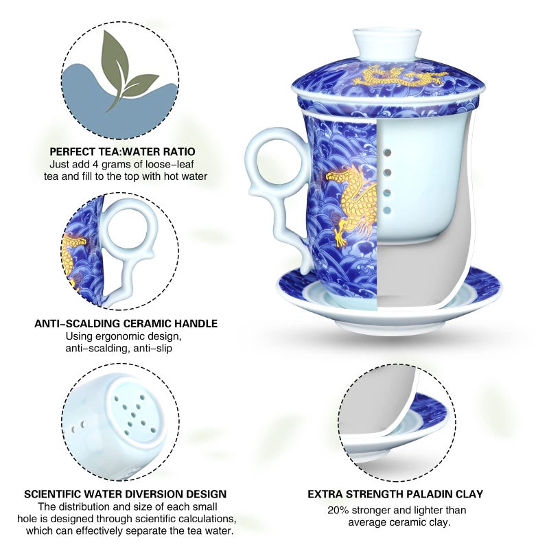 YURROAD Chinese Dragon Pattern Tea-Mug with Strainer Infuser and Lid and Saucer Ceramic Tea Mug Convenient System Chinese Porcelain Personal Tea Cup 13.5 oz(380ml) - RED, TC400 - Image 4