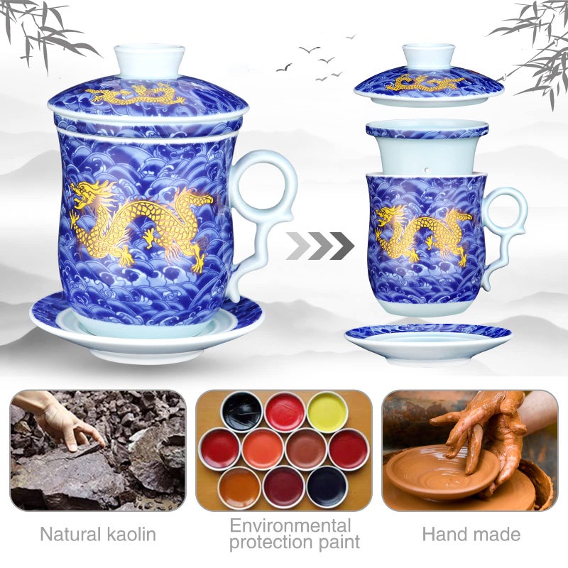 YURROAD Chinese Dragon Pattern Tea-Mug with Strainer Infuser and Lid and Saucer Ceramic Tea Mug Convenient System Chinese Porcelain Personal Tea Cup 13.5 oz(380ml) - RED, TC400 - Image 2