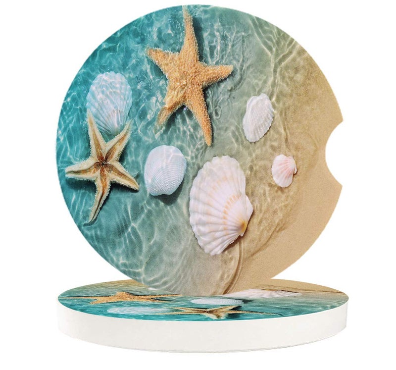 Litter Star Absorbent Car Coasters for Cup Holders Fresh Beach Sand Starfish Shell  Small 2.56inch Ceramic Stone Drink Coaster for Women Men  Natural Coastal Set of 2 Pack - Image 1