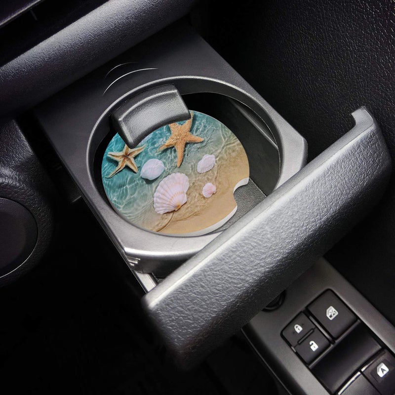 Litter Star Absorbent Car Coasters for Cup Holders Fresh Beach Sand Starfish Shell  Small 2.56inch Ceramic Stone Drink Coaster for Women Men  Natural Coastal Set of 2 Pack - Image 4